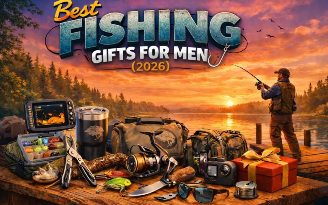 Best fishing gifts for men 2026 featured image with gear lineup at sunset dock