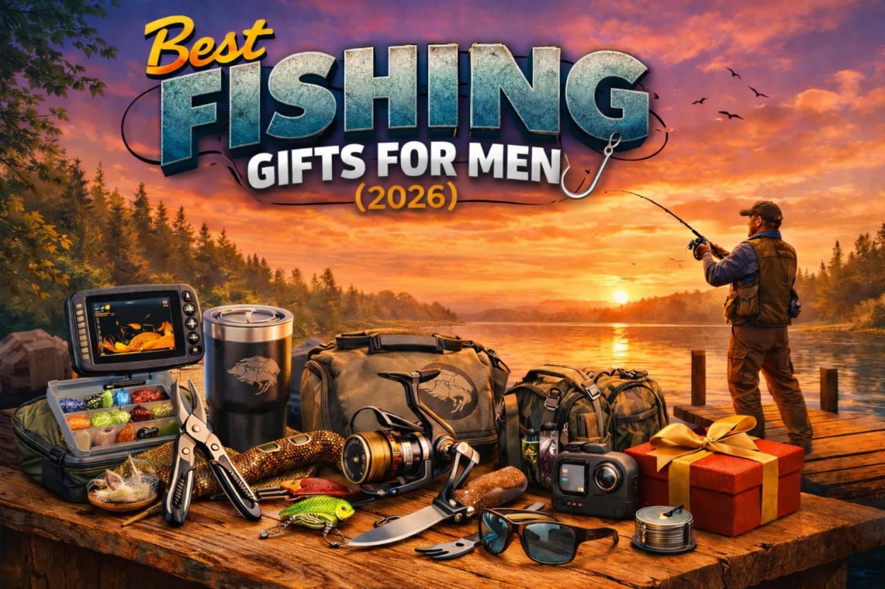 Best fishing gifts for men 2026 featured image with gear lineup at sunset dock