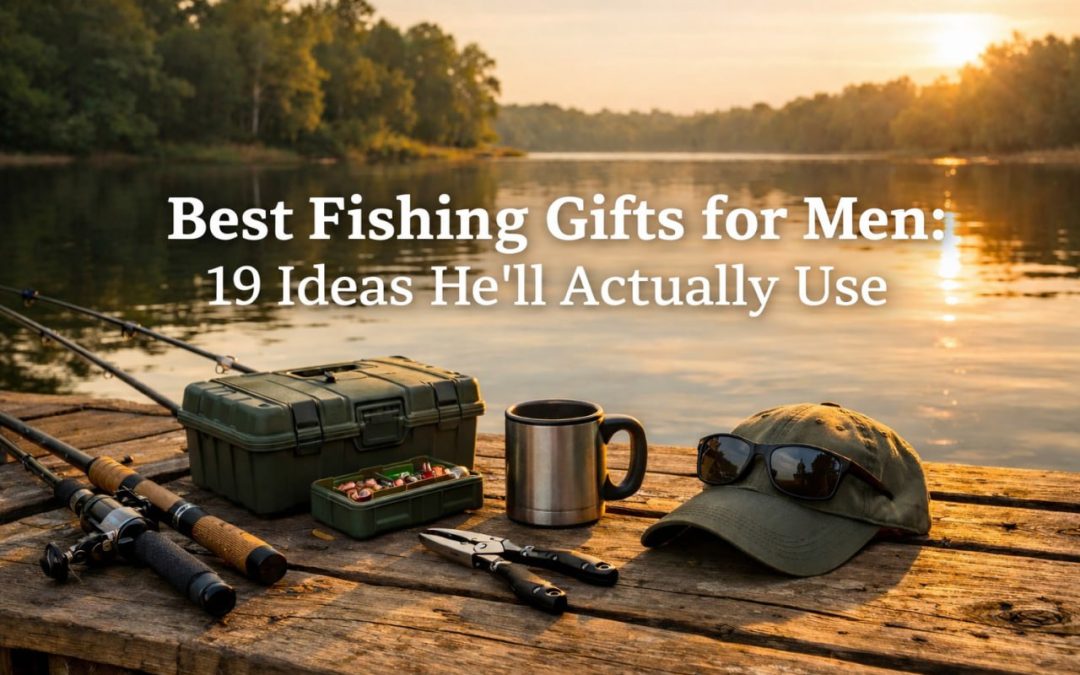 best fishing gifts for men featured image with fishing gear on a dock at sunset