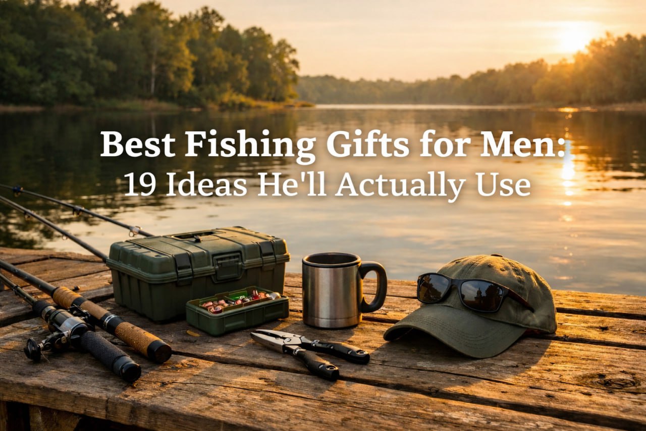 best fishing gifts for men featured image with fishing gear on a dock at sunset