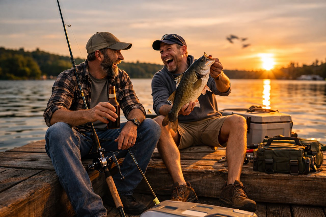 fishing gifts for men lifestyle moment with anglers on dock at sunset