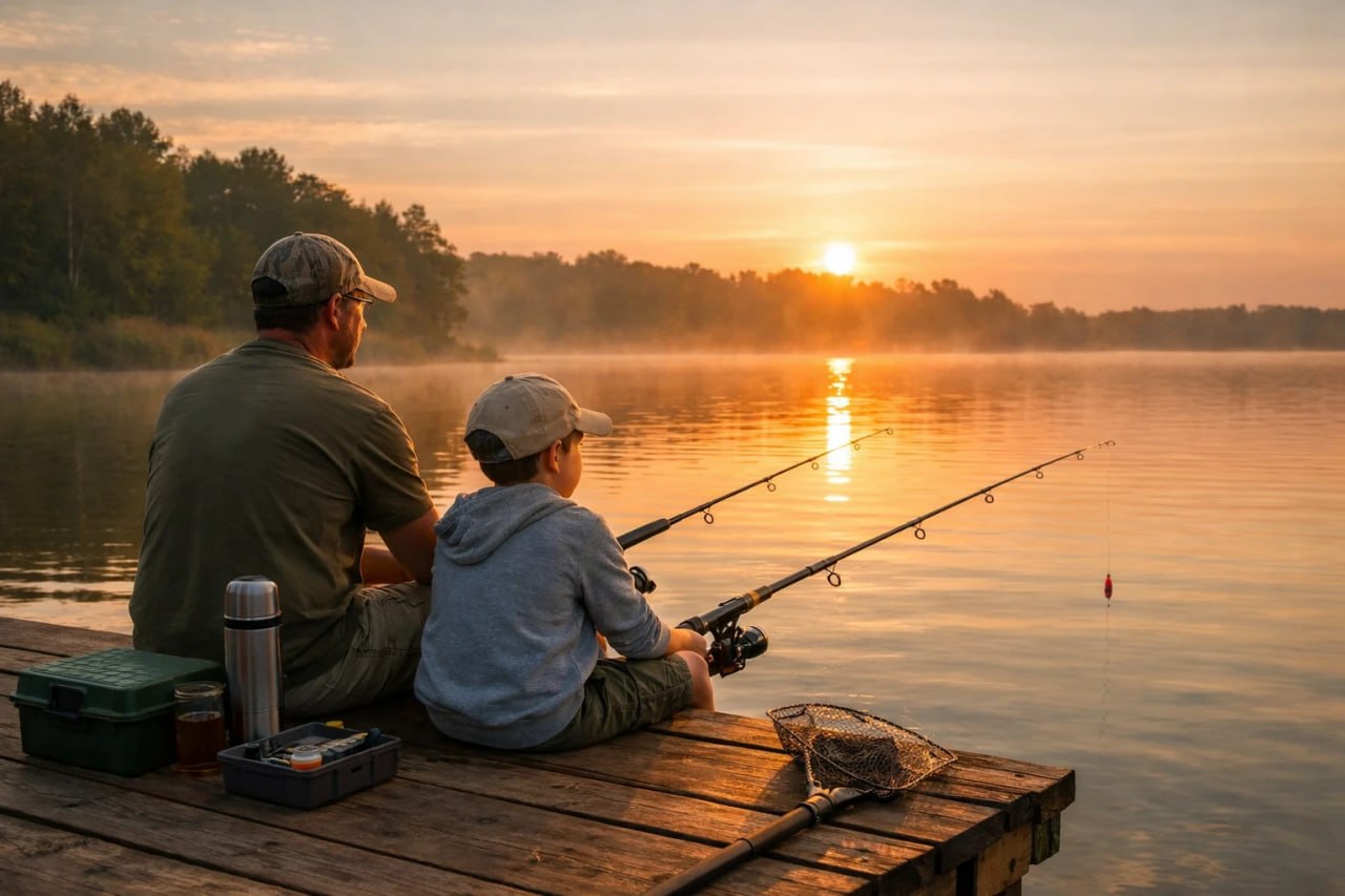 father and son fishing together at sunrise on a lake dock