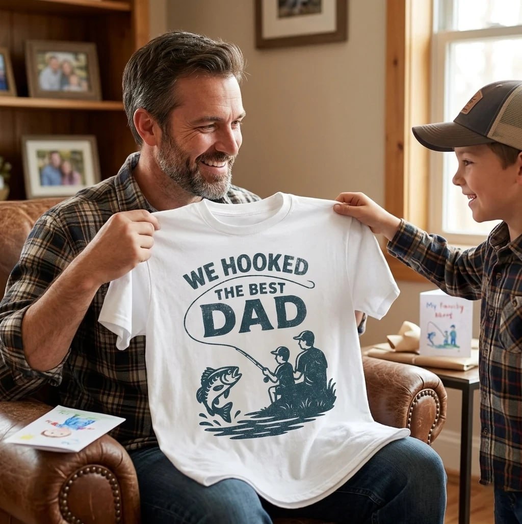 son giving his dad a fishing t-shirt gift at home