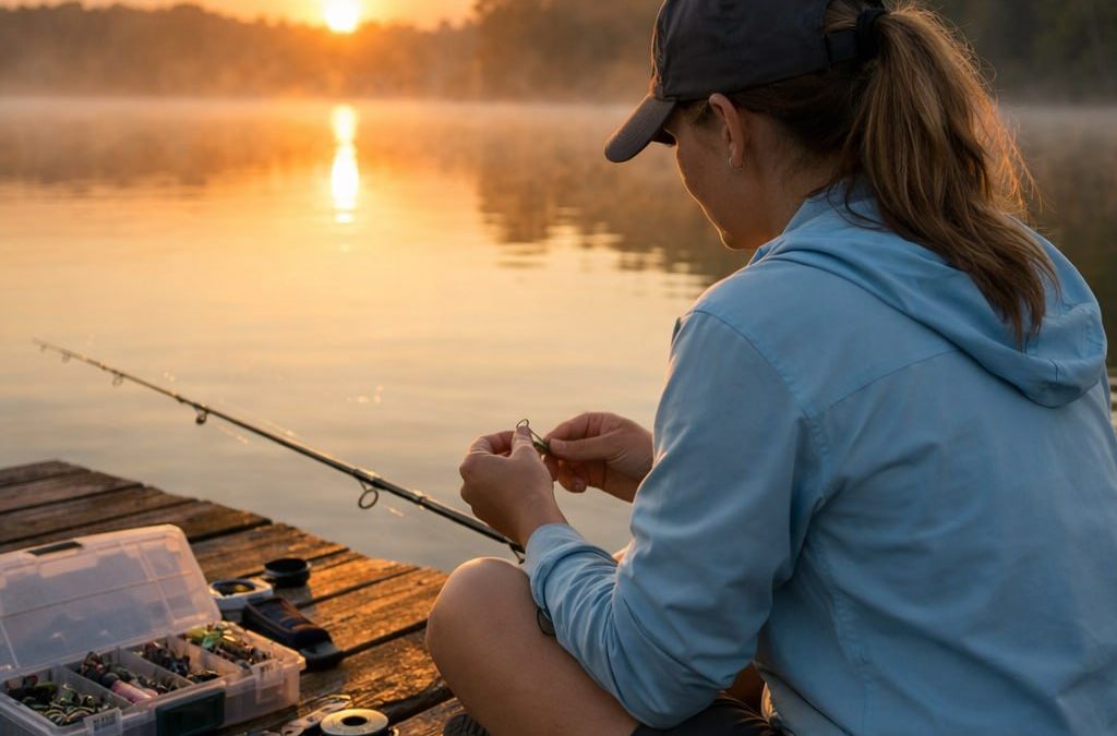 Woman angler preparing tackle on a dock at sunrise with calm lake water