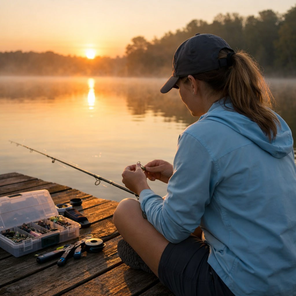 Woman angler preparing tackle on a dock at sunrise with calm lake water