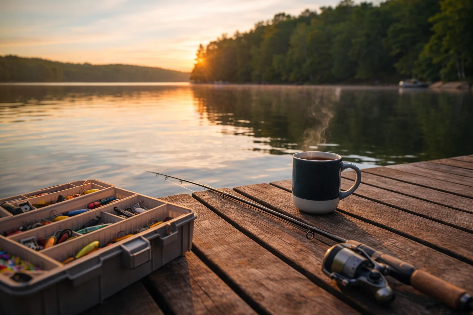 Fishing rod and tackle box with coffee on wooden dock by a calm lake