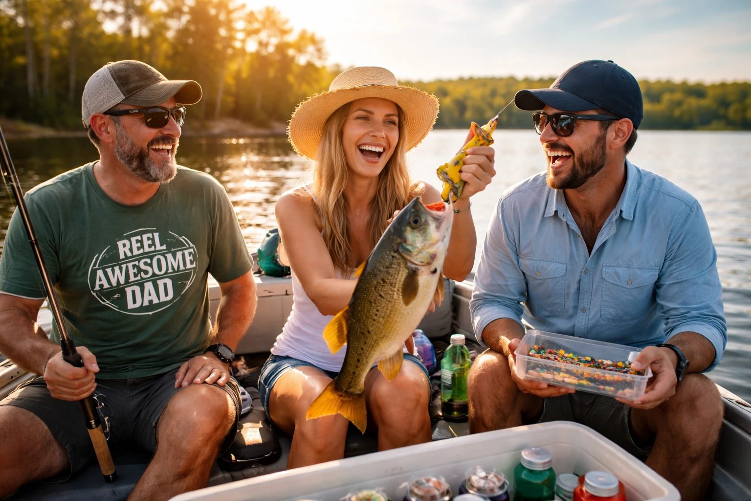 Anglers enjoying fishing on a lake boat during golden hour outdoor lifestyle scene