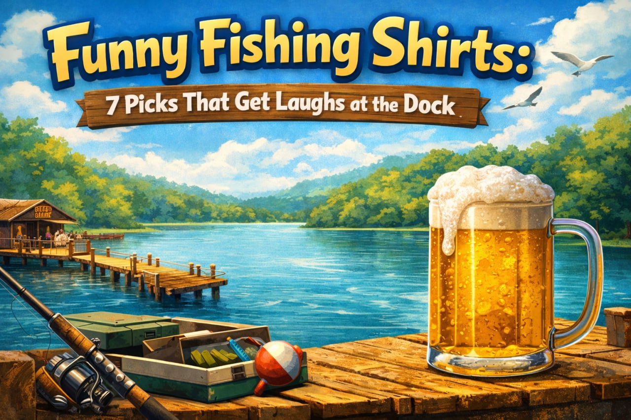 funny fishing shirts lifestyle scene at lake dock