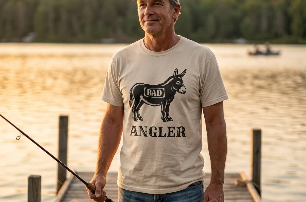 mens funny fishing t shirt bad angler design worn on dock at sunset