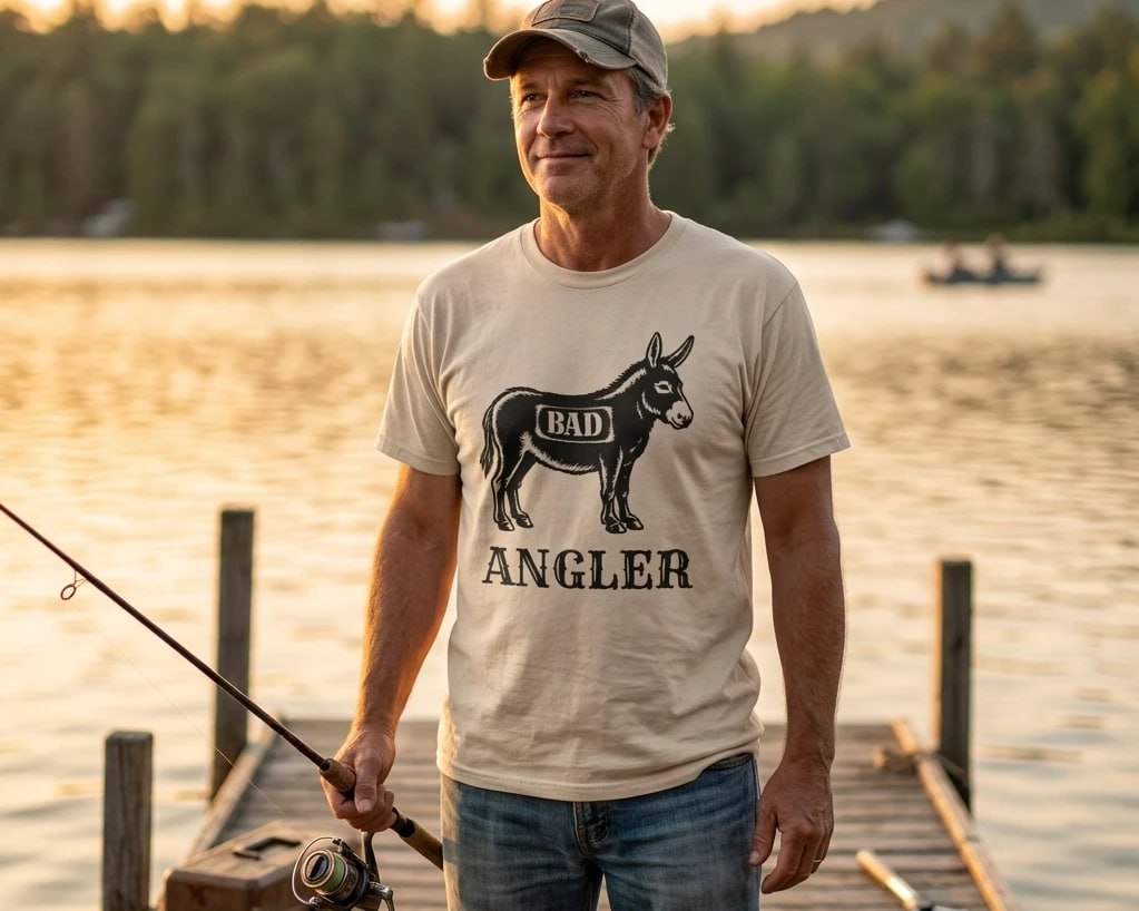 mens funny fishing t shirt bad angler design worn on dock at sunset