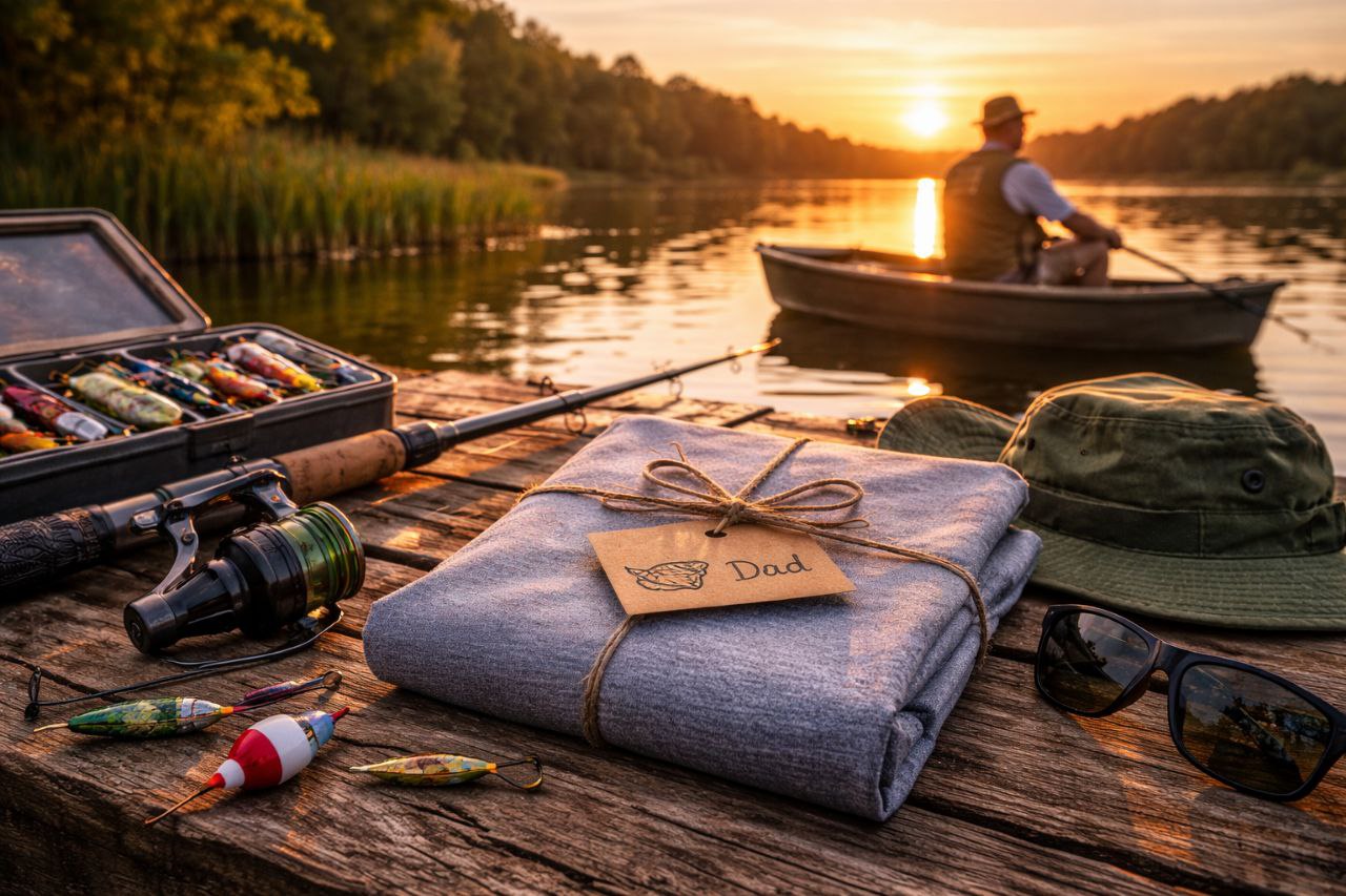 reel great dad shirt gift scene on dock at sunset