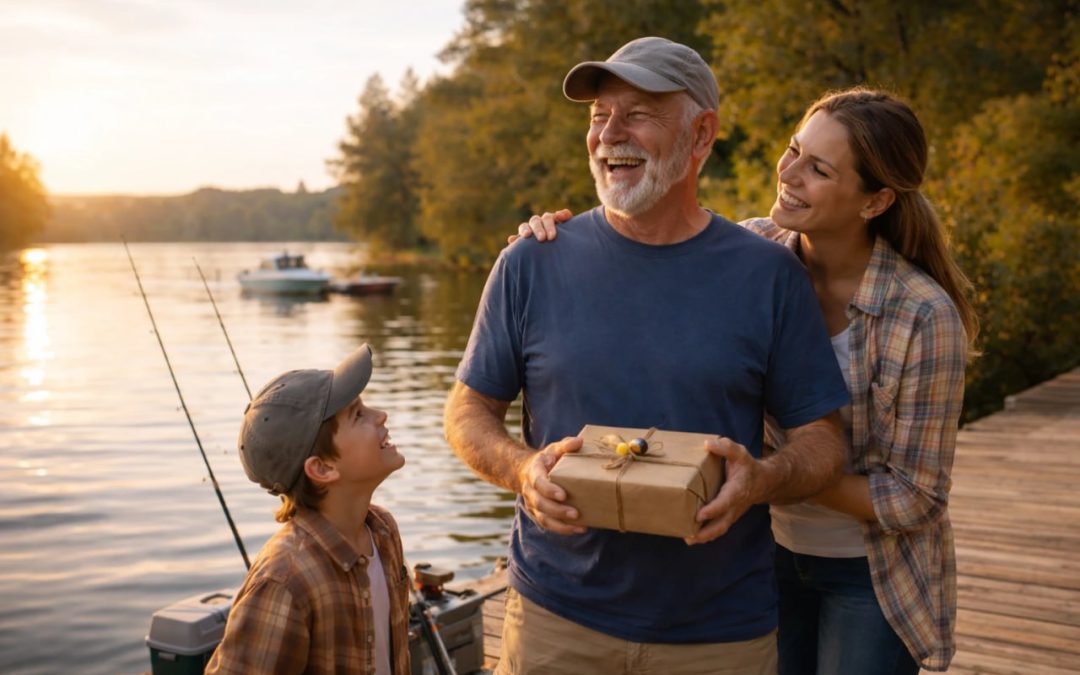 Retired fisherman with family on a lakeside dock receiving a gift at sunset.