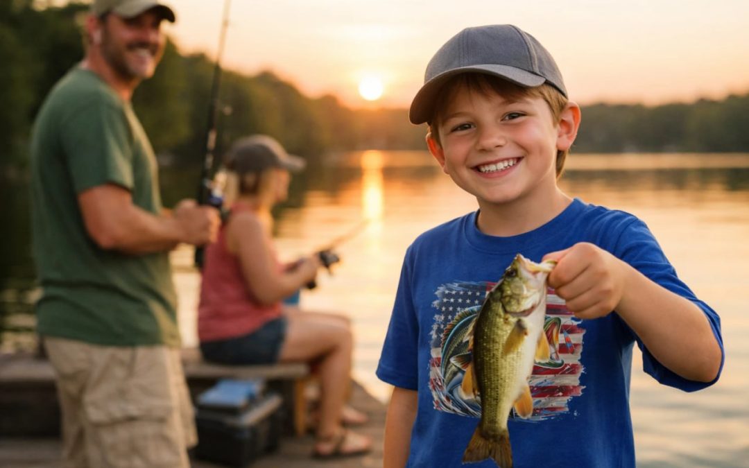 Smiling boy in a youth fishing shirt holding a bass at sunset with family in the background