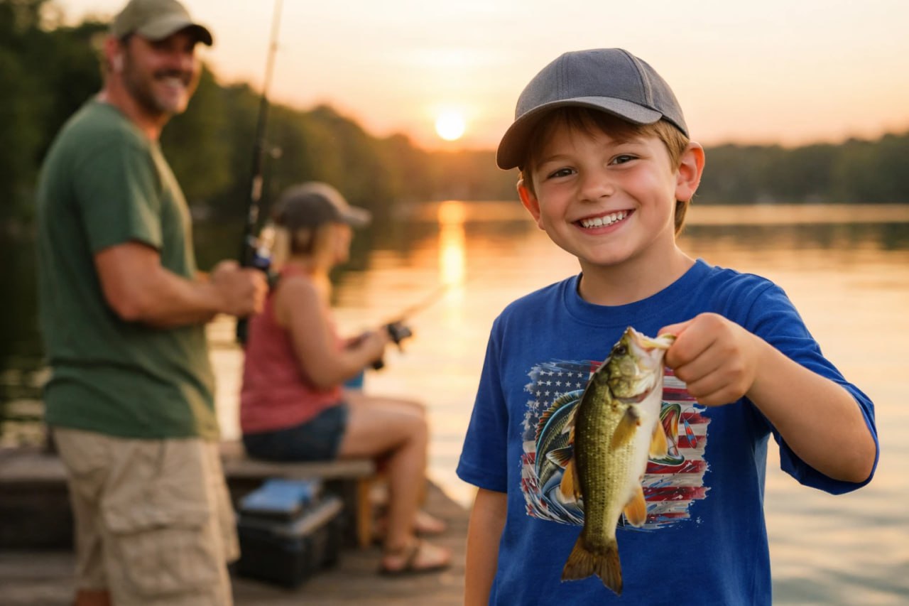 Smiling boy in a youth fishing shirt holding a bass at sunset with family in the background