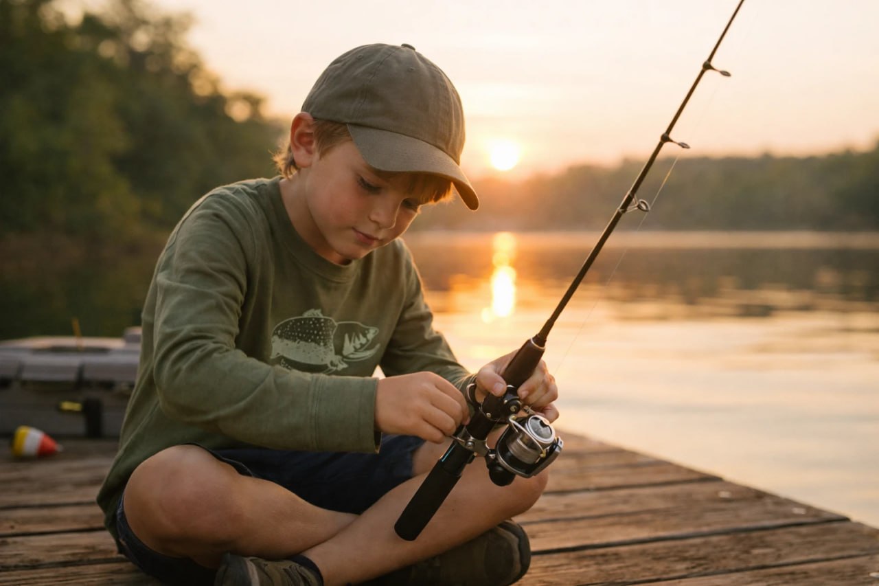 Boy sitting on a dock at sunset adjusting a fishing rod while wearing a youth fishing shirt
