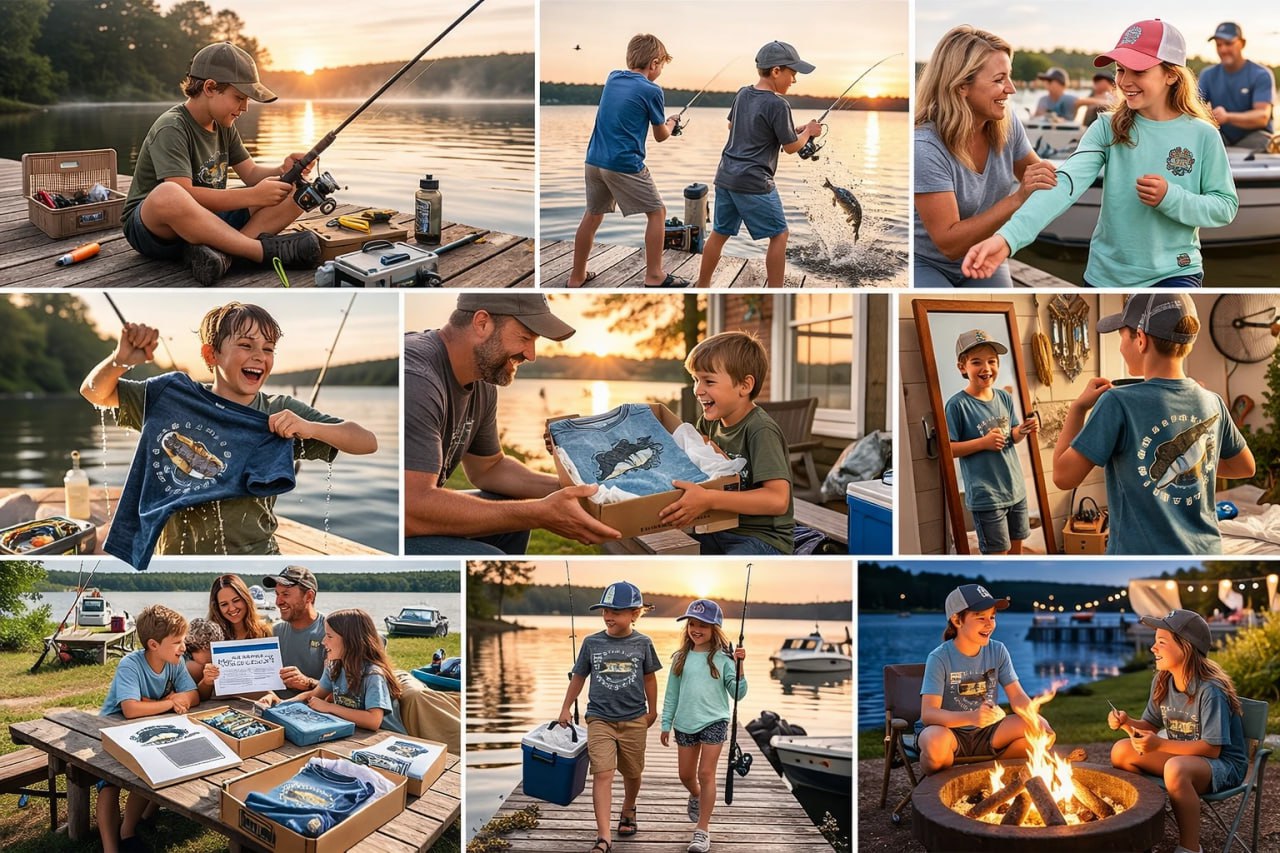 Family fishing with kids at sunset choosing and wearing youth fishing shirts